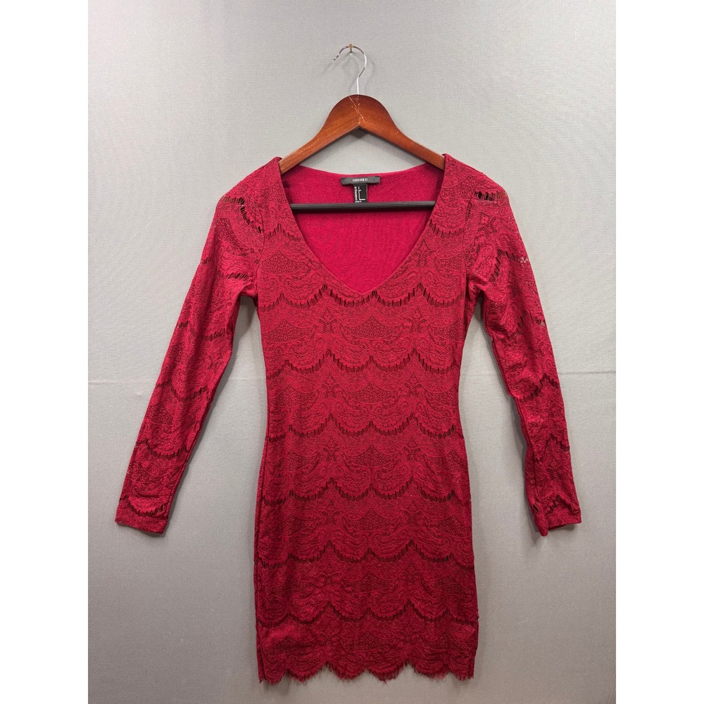 Forever 21 Red Lace Long Sleeve V-Neck Scalloped Bodycon Mini Dress Womens Small